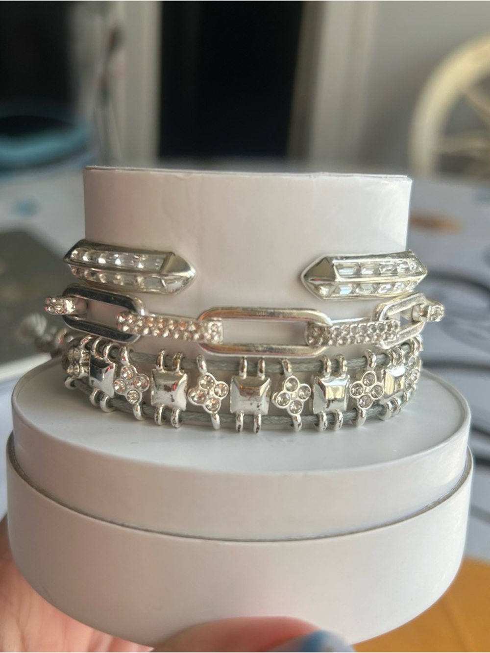 Layered Silver Crystal Bracelet Stack - Elegant Sparkle